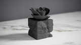 Eternal Bloom – sculptuur van zwarte roos op donker bureau naast boeken