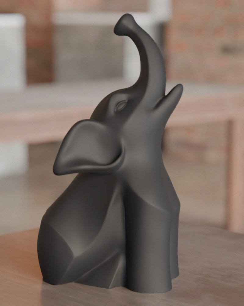 Moderne zwarte olifantensculptuur met zachte rondingen en geometrische details, vooraanzicht