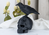 Sculptuur van een ravenschedel op een donkere houten plank met kaarsen en gedroogde planten