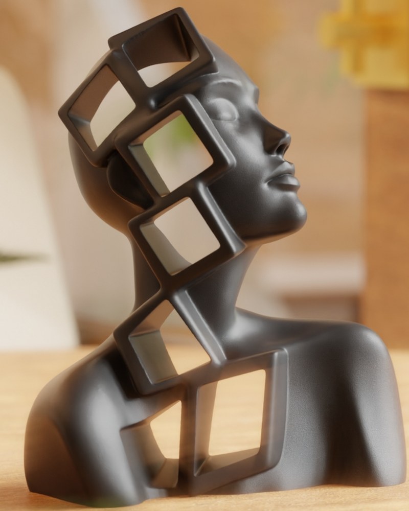 Abstracte vrouwenbuste met open geometrische vlakken door de figuur, wit