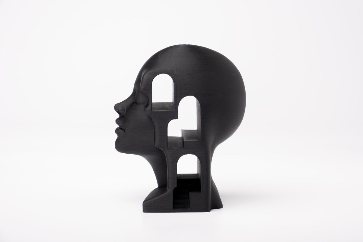 Surrealistische architectonische buste op een minimalistische boekenkast met natuurlijke decoratie