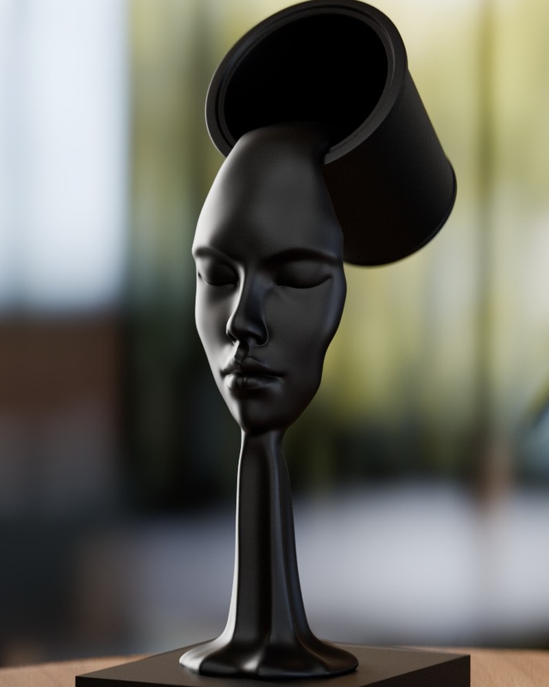 Abstract surrealistisch beeld van een gezicht dat uit een vloeiende vorm groeit, op witte achtergrond