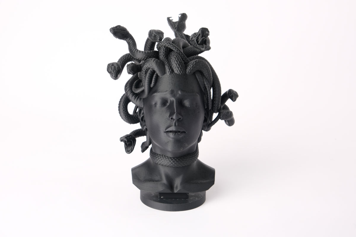 Medusa-buste op een donkere houten plank in een minimalistisch interieur