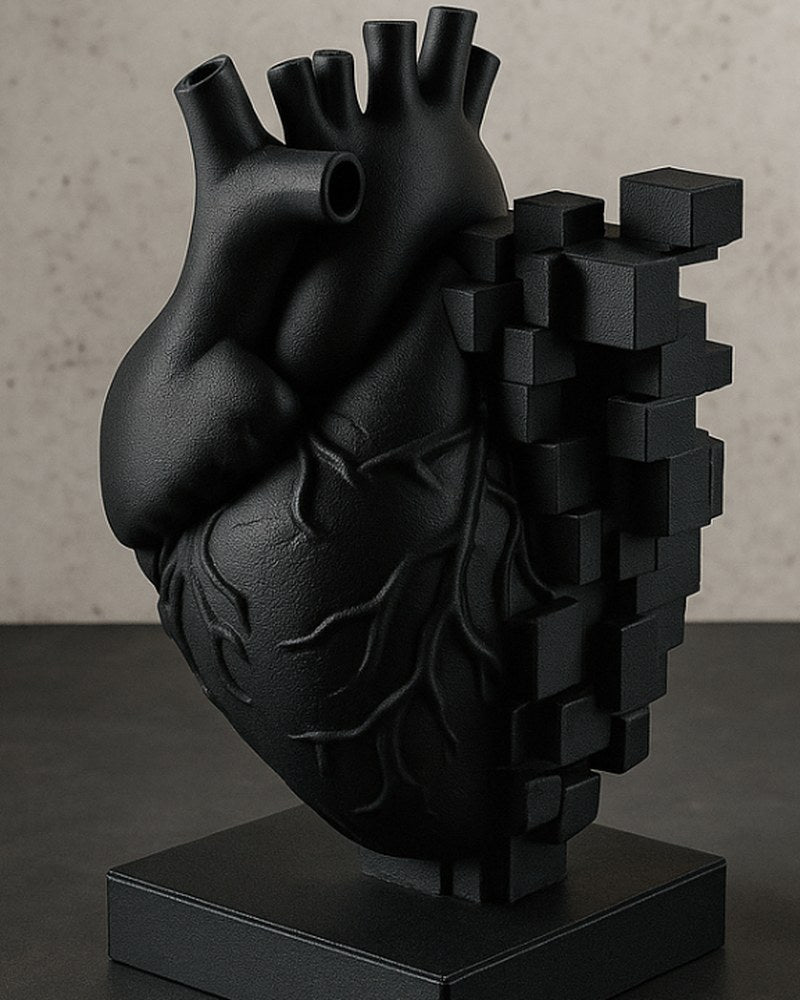 Mat zwarte pixelhartsculptuur in close-up met anatomische en kubische geometrie naast elkaar
