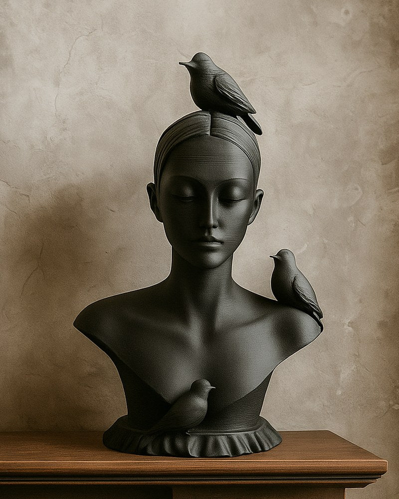Mat zwarte surrealistische vrouwenbuste met drie vogels, vooraanzicht op witte achtergrond