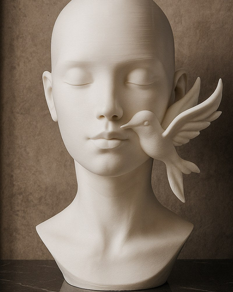 Gezichtssculptuur met kolibrie en vredig gezicht met gesloten ogen, matte afwerking