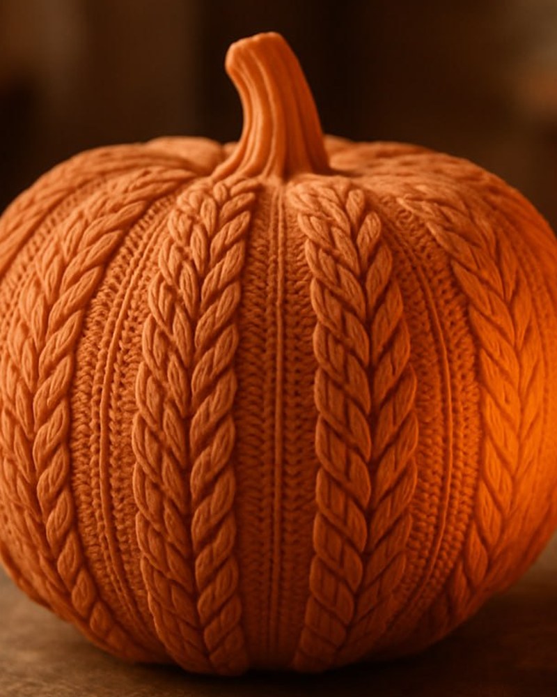 Close-up van een gebreide pompoen met geribbeld, textielachtig oppervlak in warm oranje