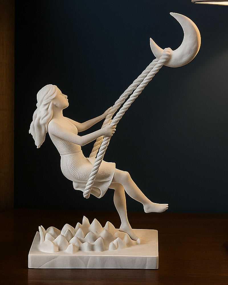 Sculptuur met een meisje op een halvemaanschommel, vooraanzicht op witte achtergrond