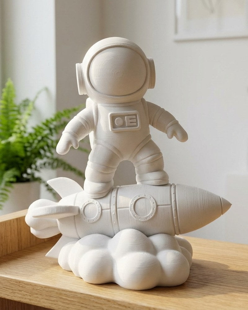 Close-up van een astronautbeeld op een raket met wolkvormige sokkel en zachte, ronde vormen