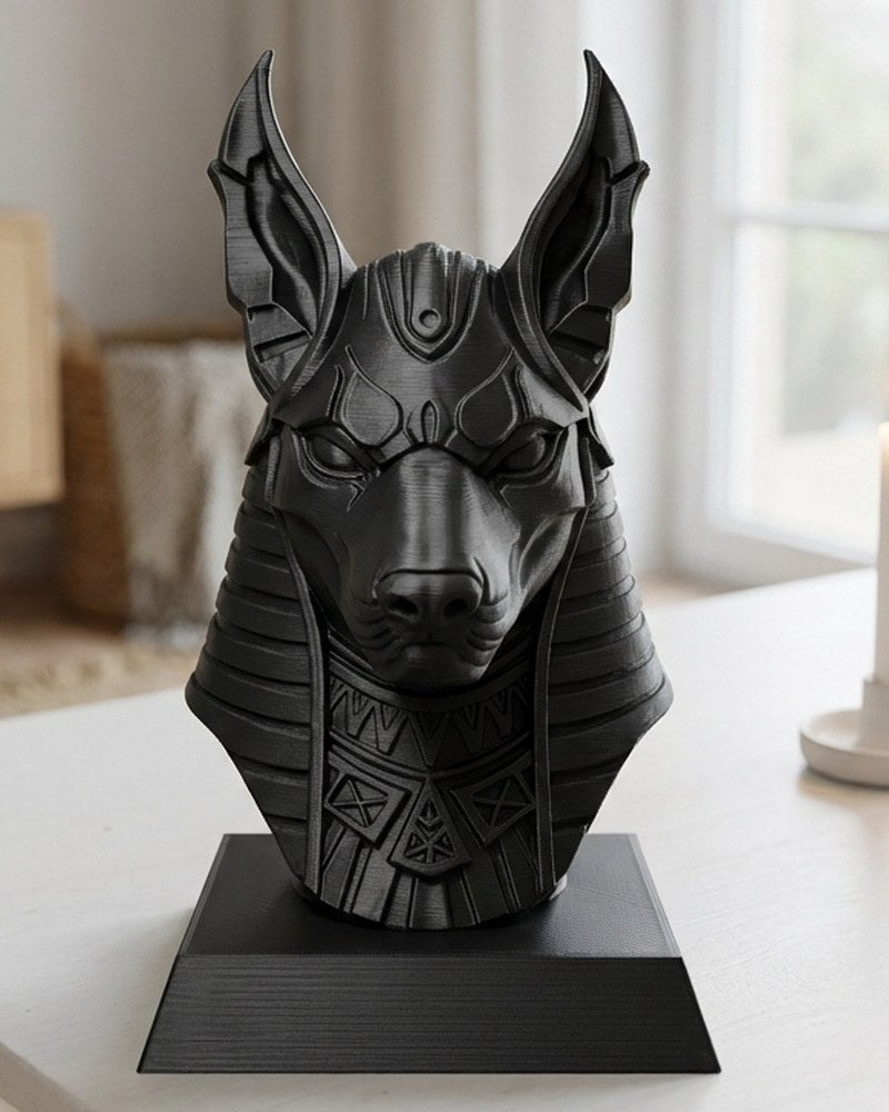 Anubis-buste in mat zwart met scherpe, hoekige geometrie, vooraanzicht