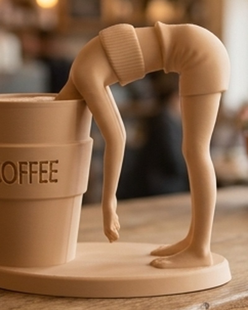Caffeine Dive-beeld – mat zwarte figuur die in een reusachtige koffiekop duikt