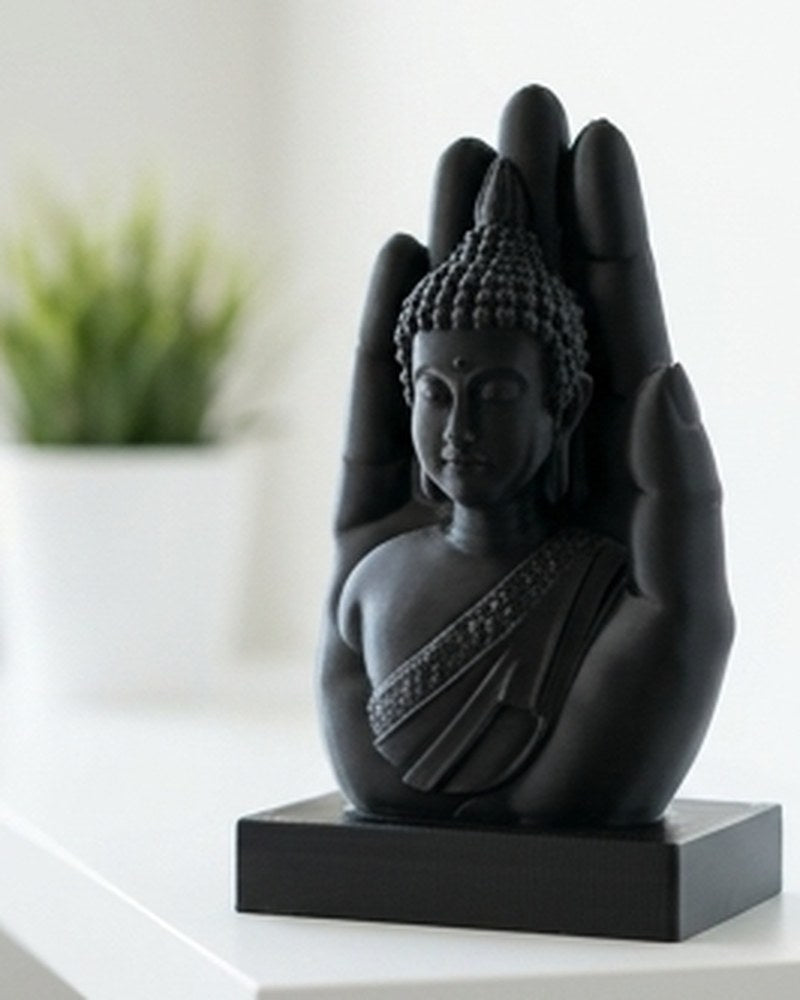 Mat zwarte boeddhahandsculptuur op wit oppervlak met een serene figuur in de open handpalm