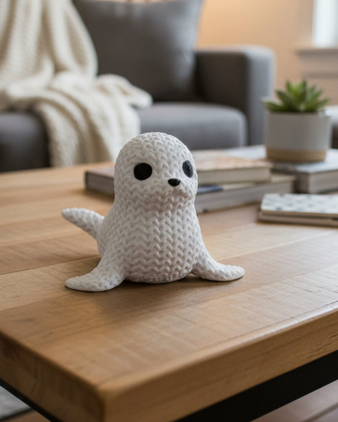 Close-up van een decoratief gebreid zeehondfiguurtje met gehaakte look en kleine donkere oogjes
