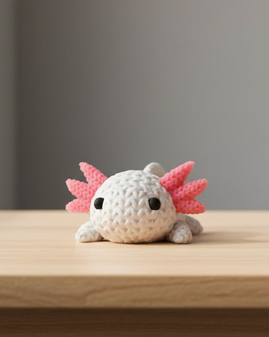 Detail van de structuur van een gebreide axolotl met gehaakt lusjespatroon en gevormde kieuwen