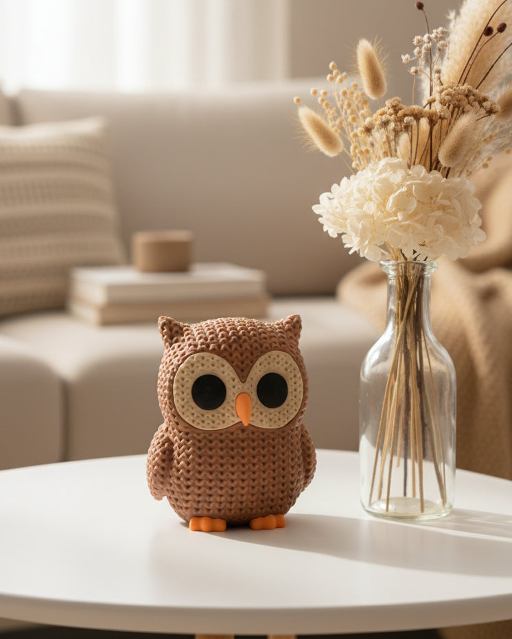 Close-up van een gebreide uil met gehaakte look in warm terracotta