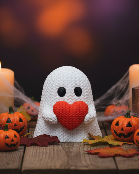 Close-up van een gebreid spookje met hart in wit en rood met zachte gehaakte textuur