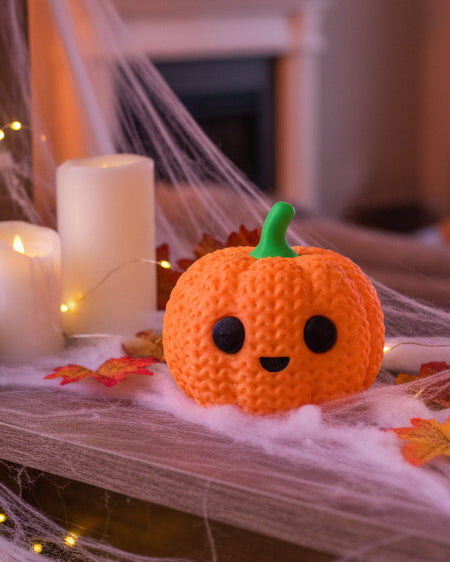 Close-up van een gehaakte pompoendecoratie met geribbelde gebreide textuur en een steeltje